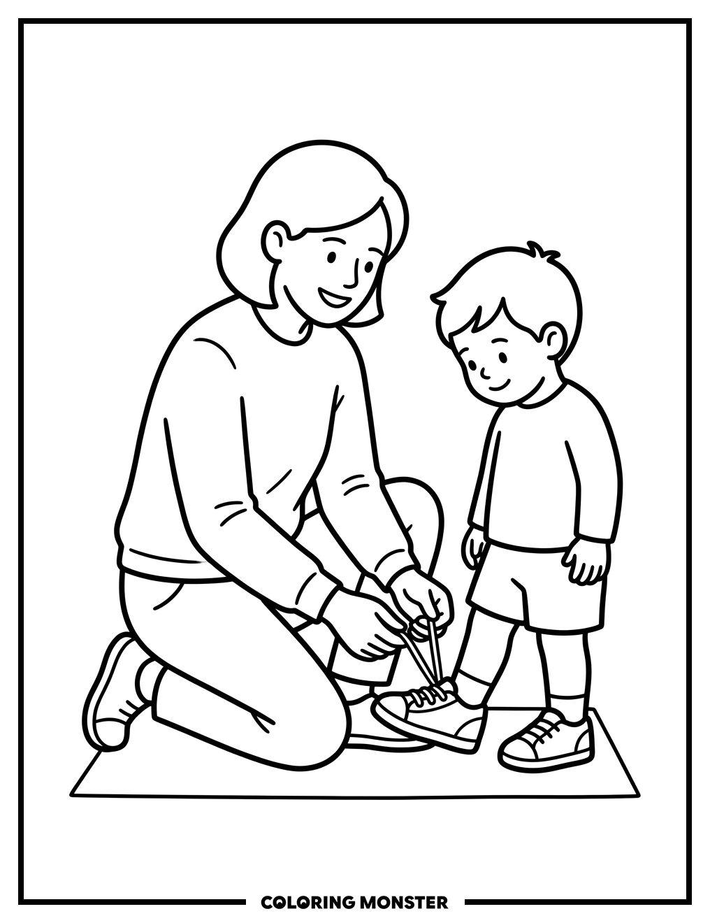 Parent Helping Child Tie Shoe Coloring Page