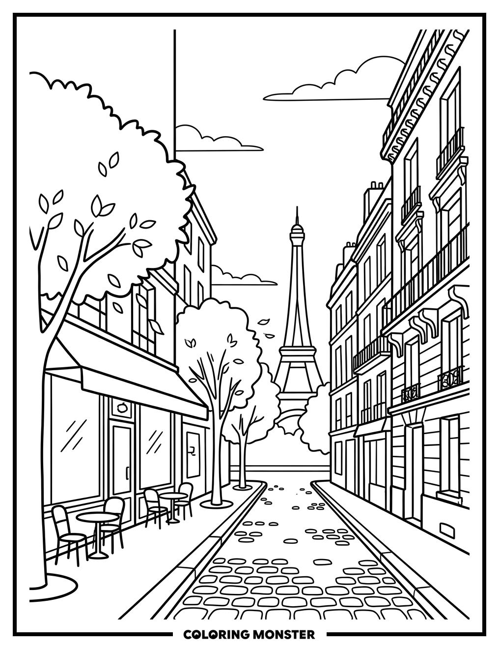 Parisian Street Scene With Cafe Coloring Page