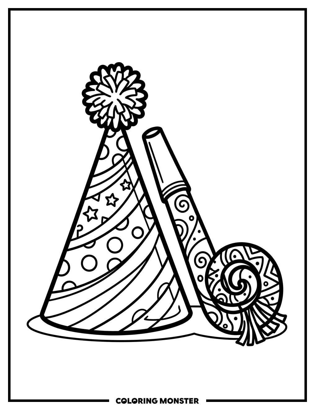 Party Hat and Noisemaker Coloring Page