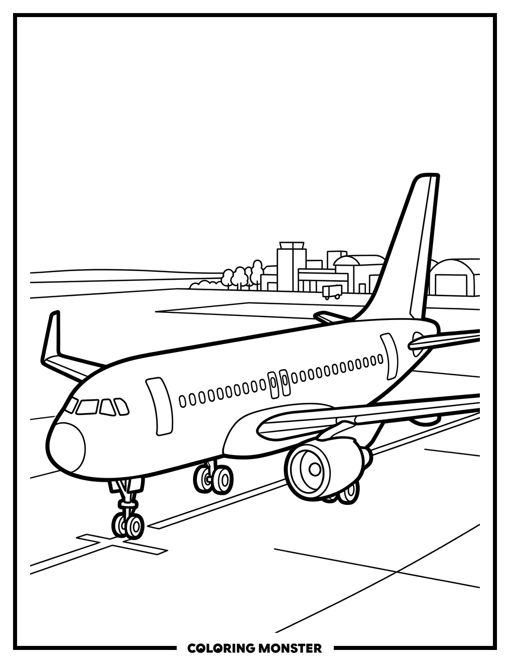 Passenger Jet Airplane at Airport Coloring Page