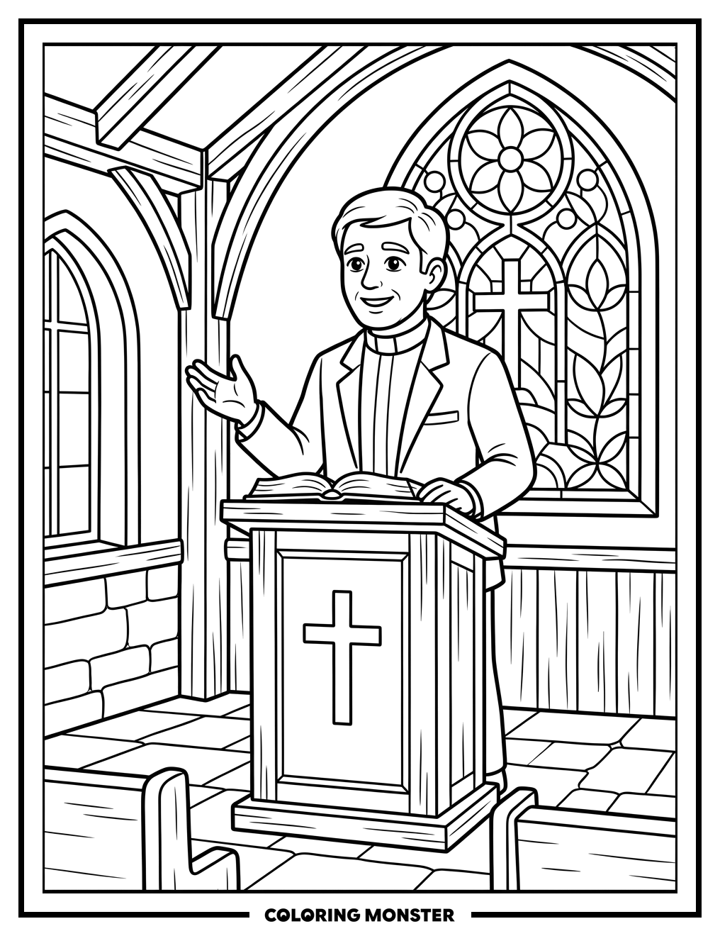 Pastor Preaching in Church Coloring Page