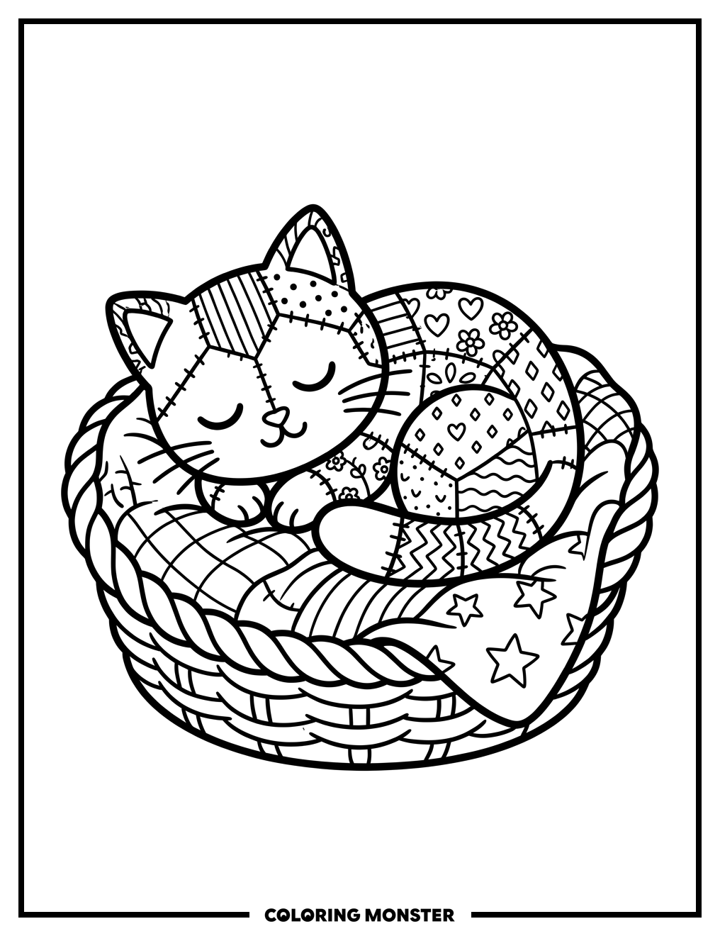 Patchwork Cat Sleeping on Blanket Coloring Page