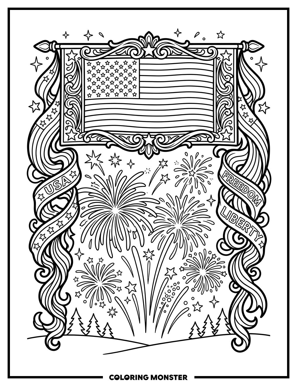 Patriotic Banner and Fireworks Coloring Page