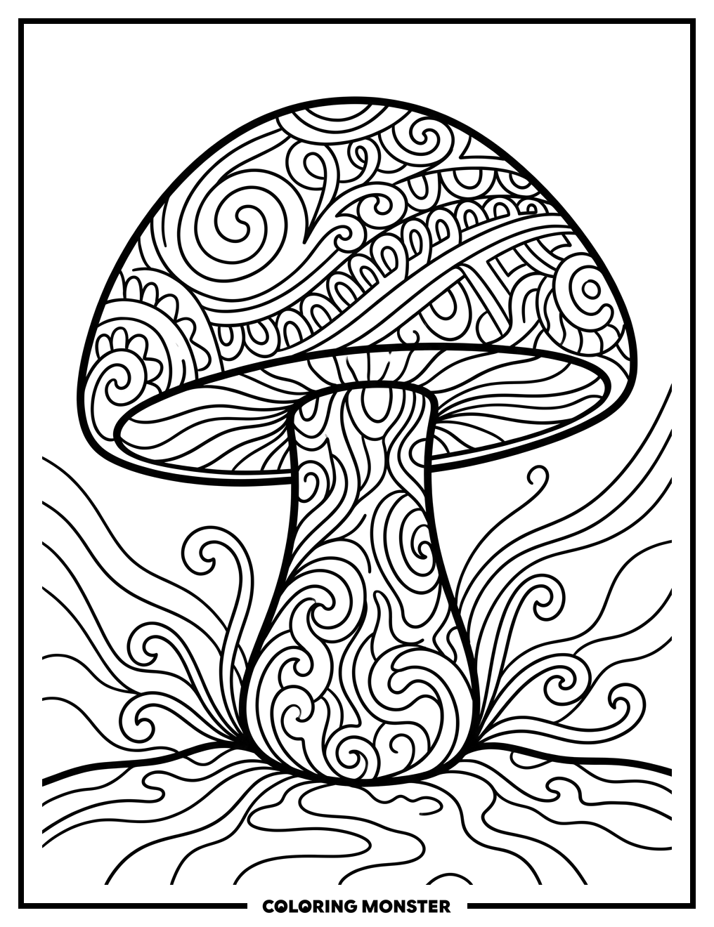 Patterned Mushroom With Wavy Lines Coloring Page