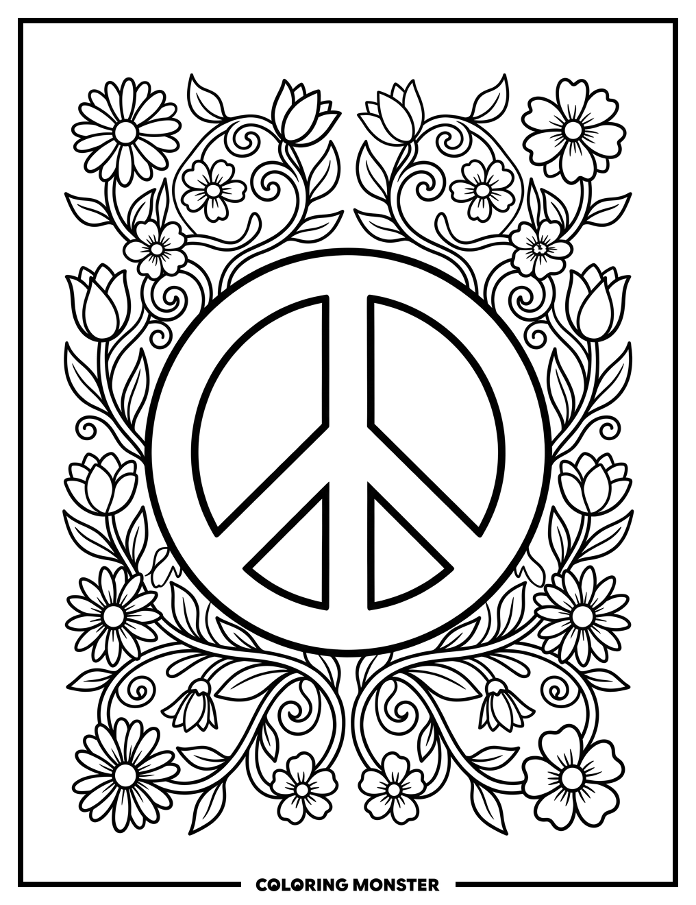Peace Sign With Flowers Coloring Page