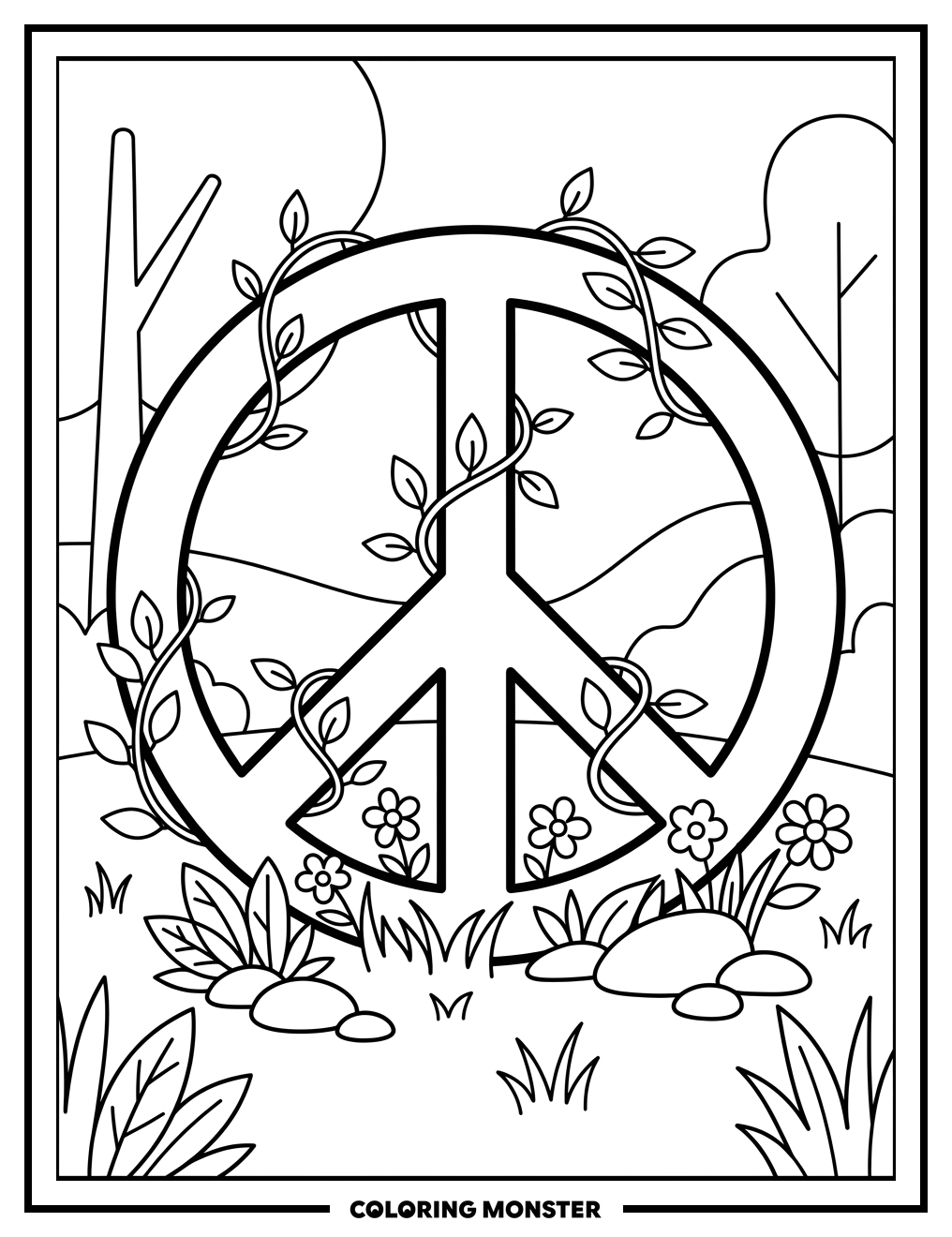 Peace Symbol in a Garden Coloring Page