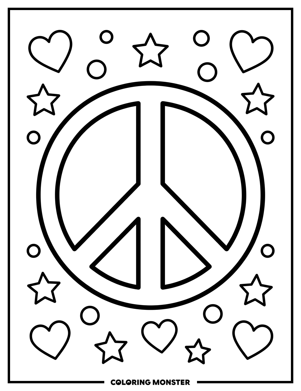 Peace Symbol with Hearts and Stars Coloring Page