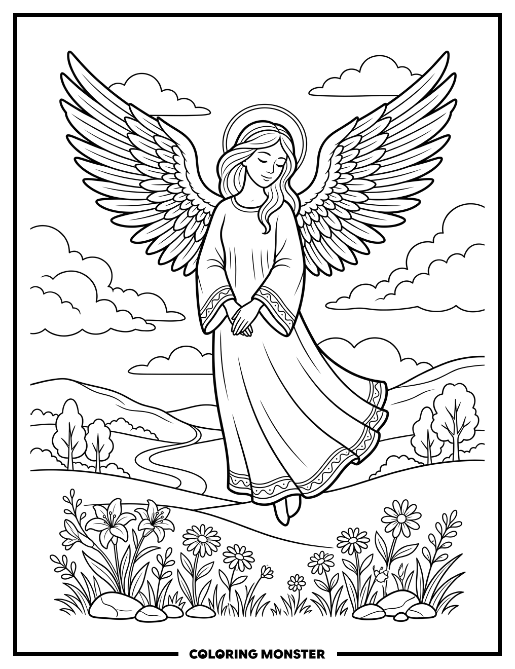 Peaceful Angel Over Rolling Hills Coloring Page