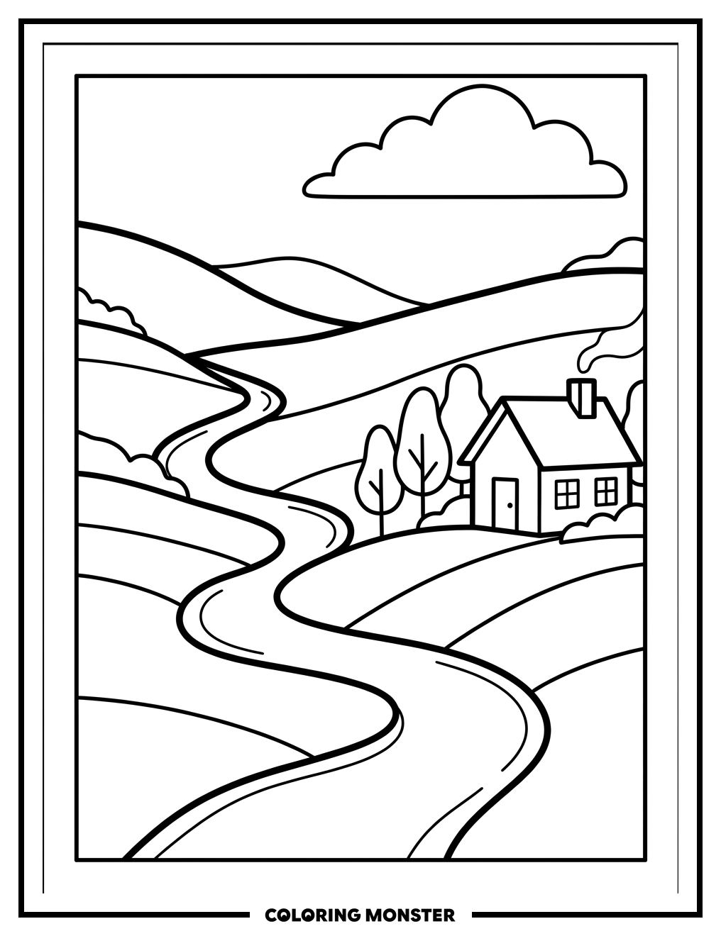 Peaceful Countryside Landscape Coloring Page