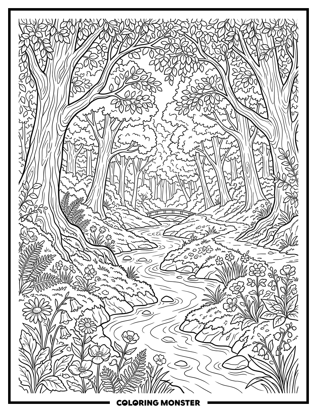 Peaceful Forest Stream Coloring Page