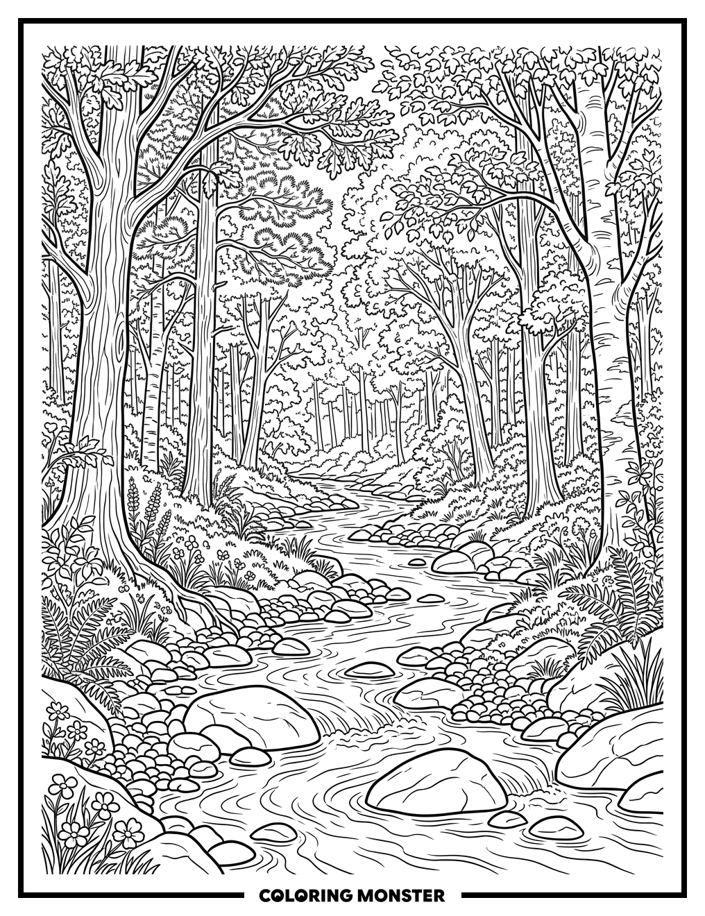 Peaceful Forest Stream With Dappled Sunlight Coloring Page