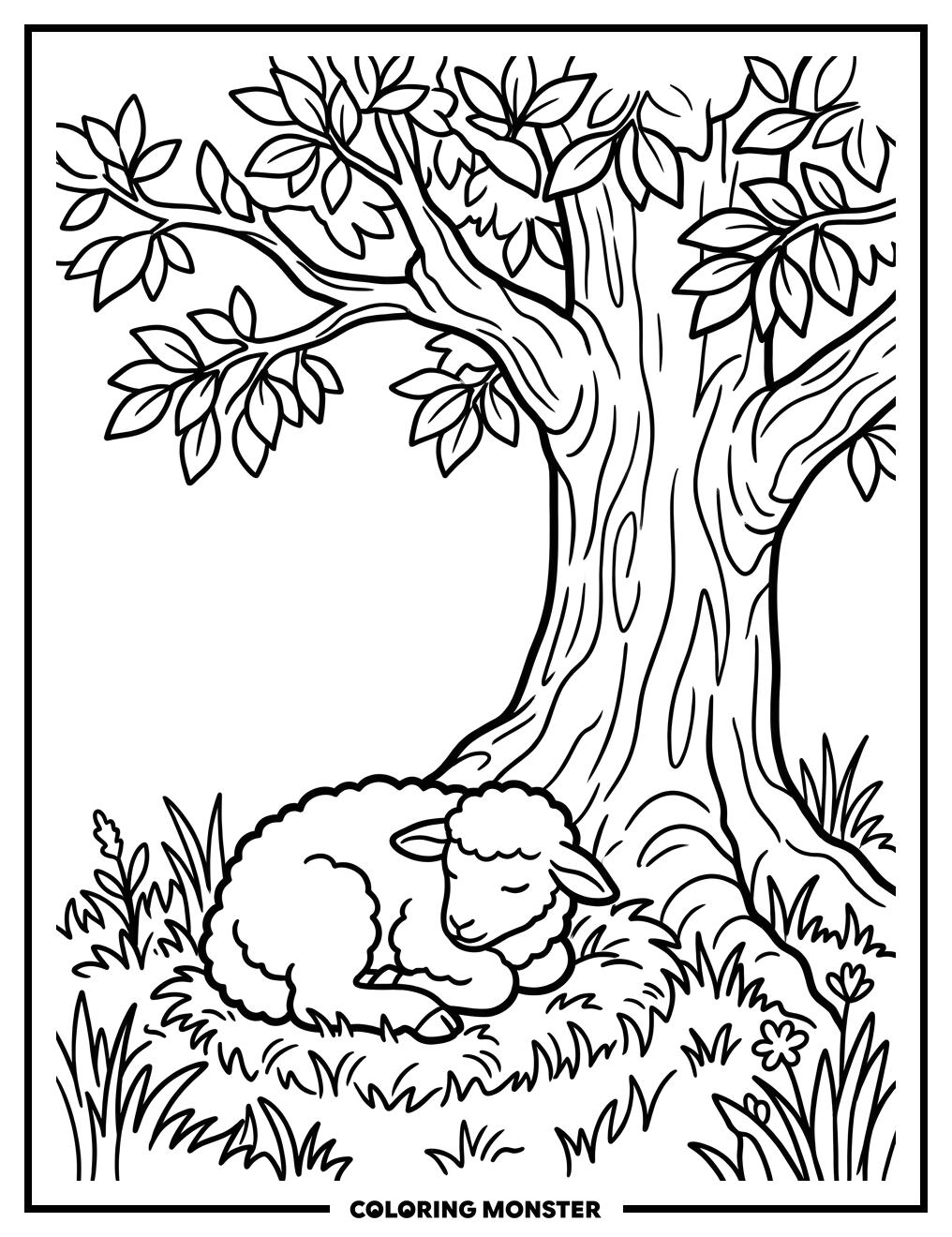 Peaceful Lamb Sleeping by Tree Coloring Page