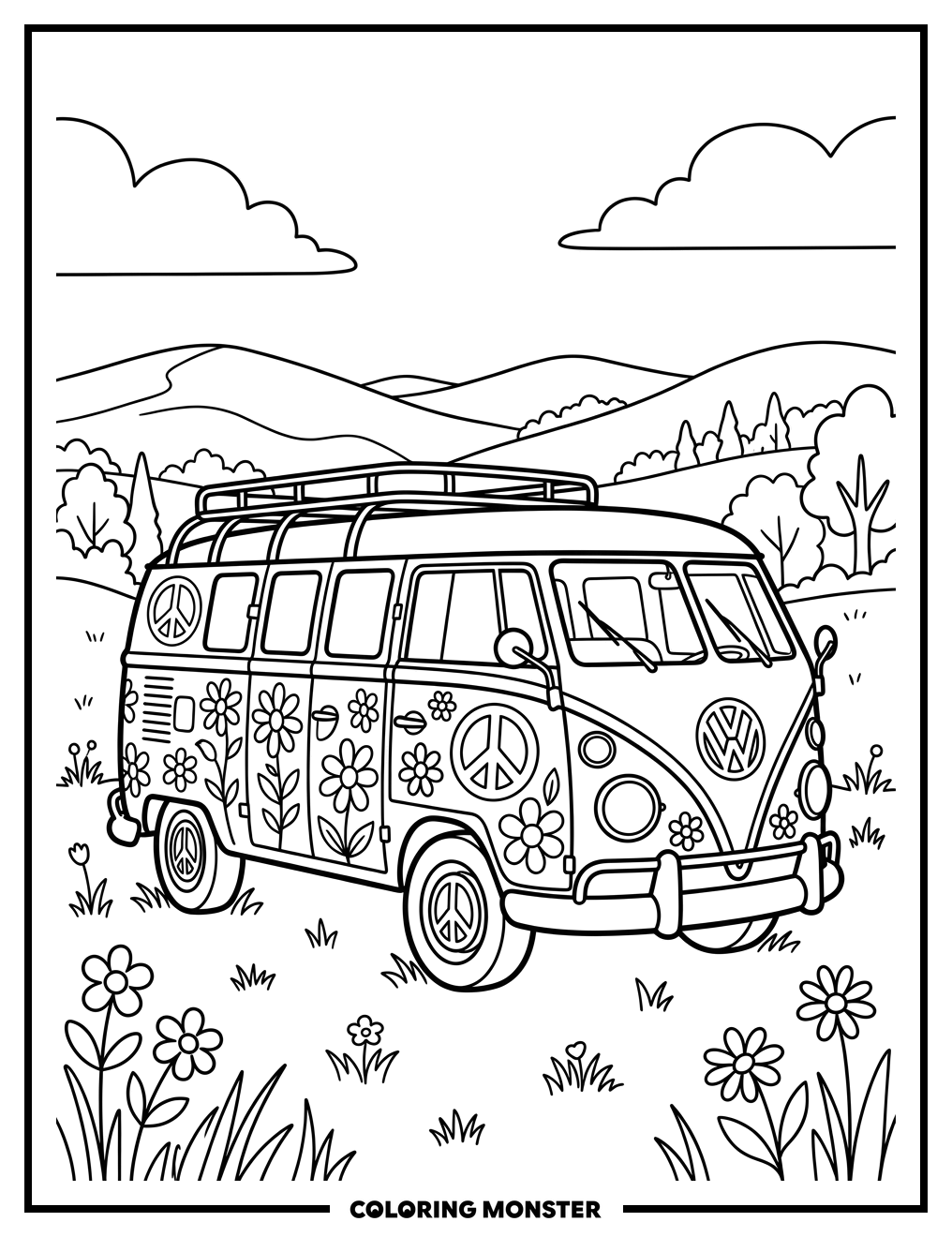Peaceful VW Van in Meadow Coloring Page