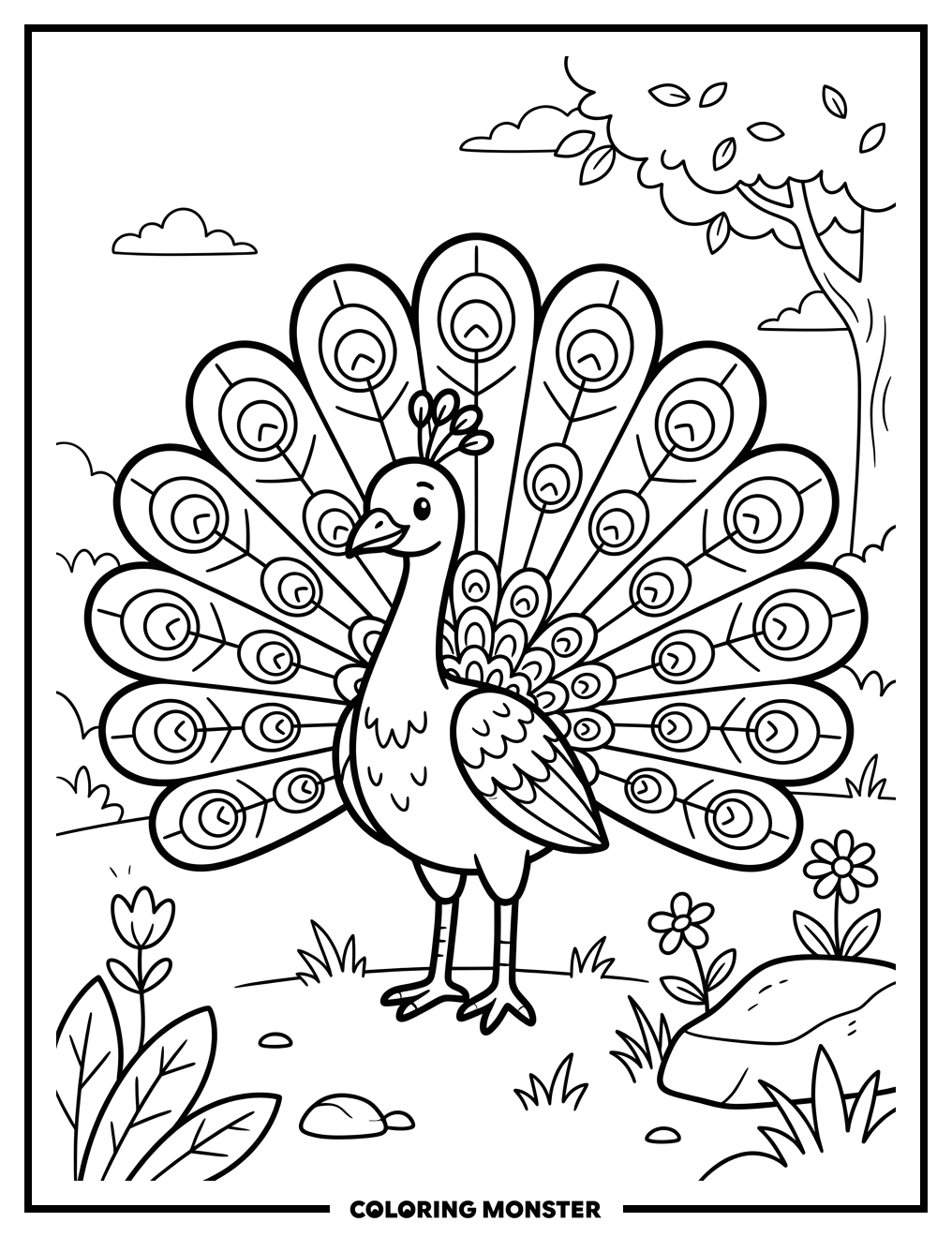 Peacock Displaying Tail Feathers Coloring Page