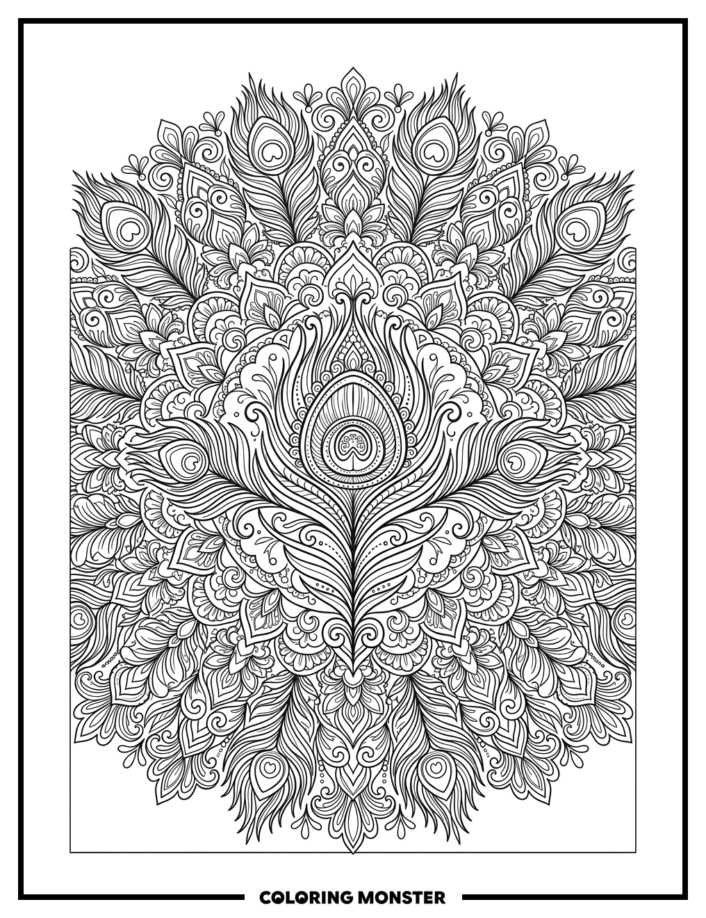 Peacock Feather Mandala Art Coloring Page