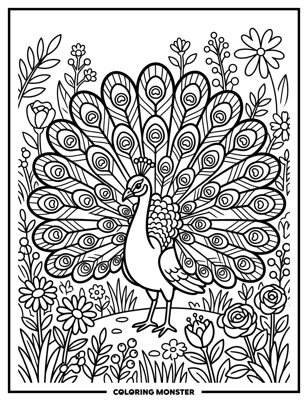 Peacock in a Lush Garden Coloring Page