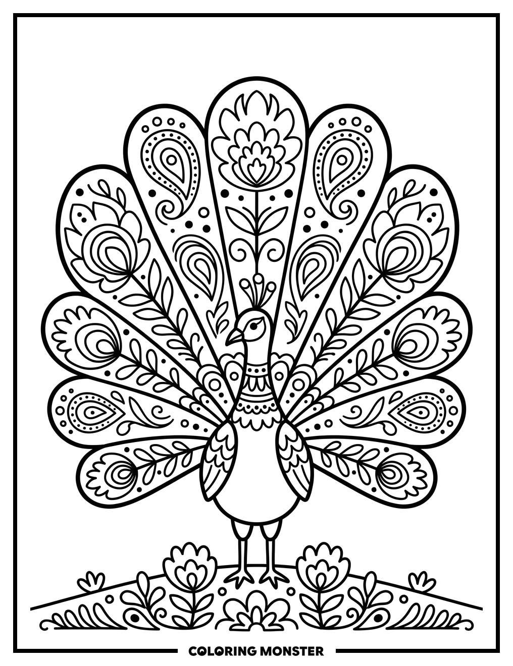 Peacock in Polish Folk Art Style Coloring Page
