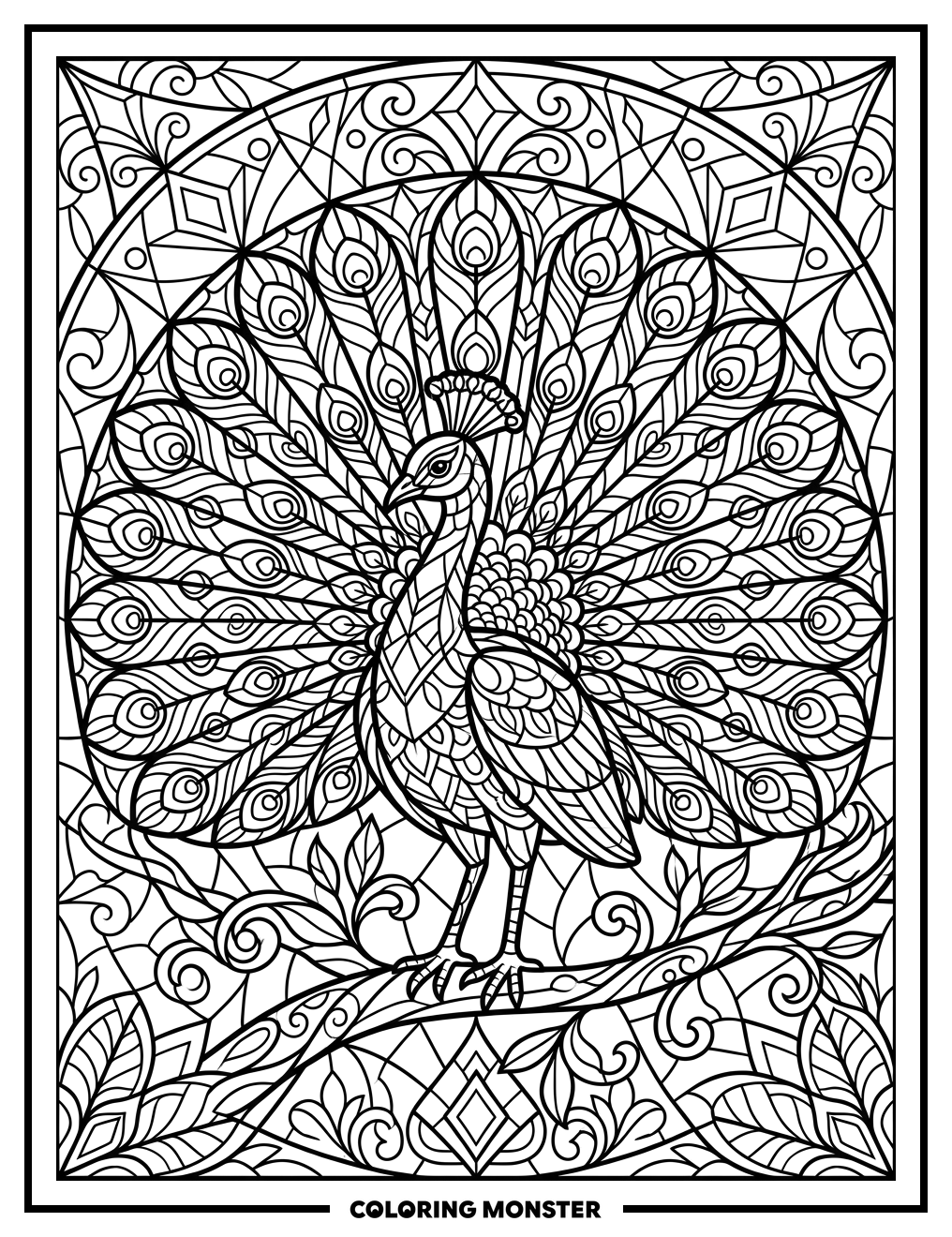 Peacock in Stained Glass Style Coloring Page