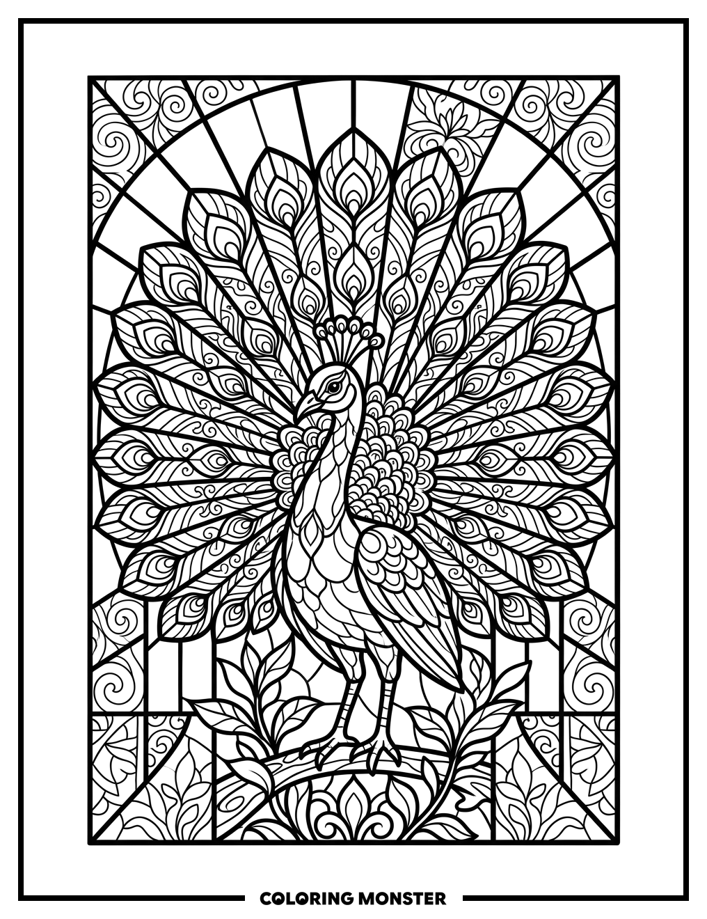 Peacock Stained Glass Panel Coloring Page