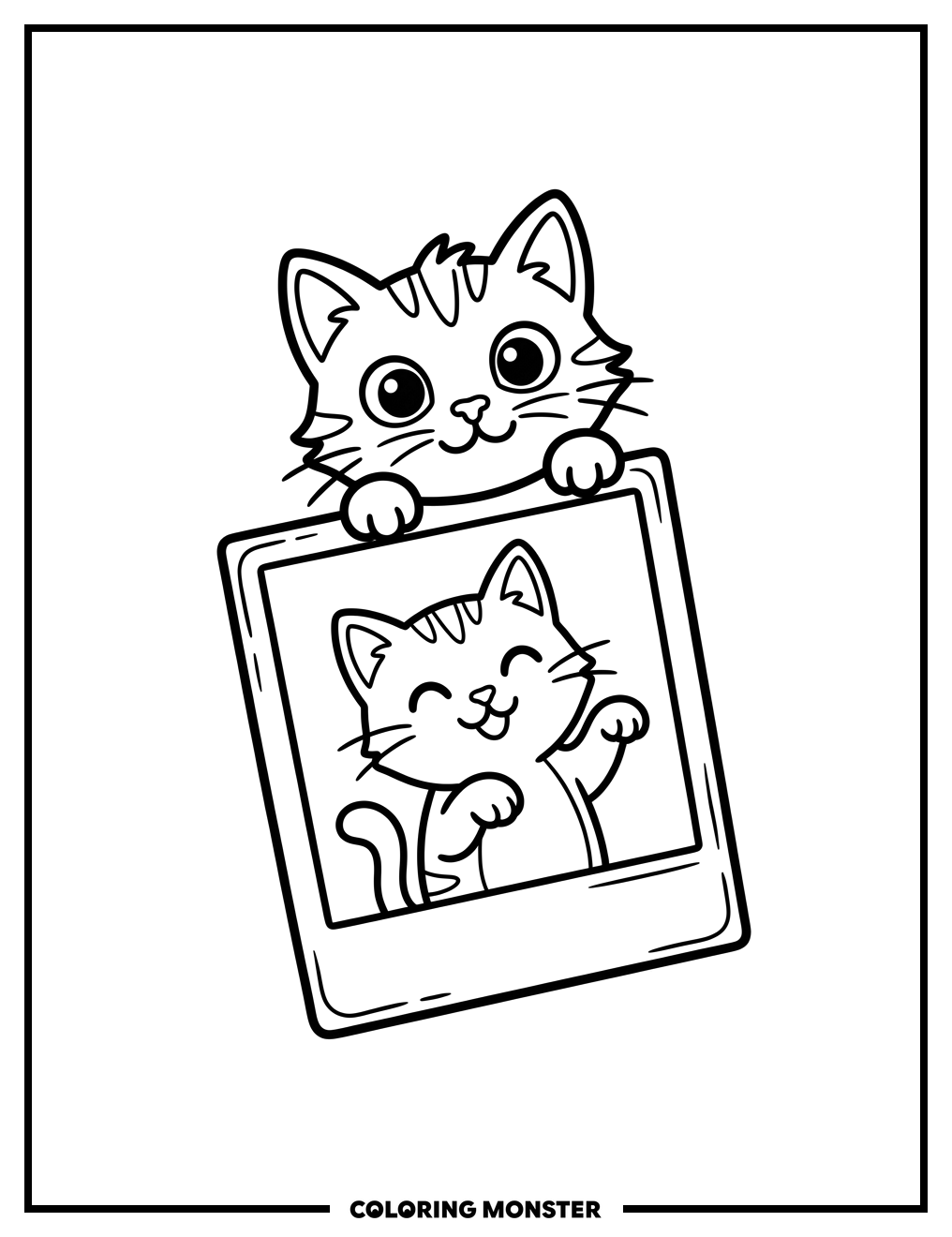 Peeking Cat Behind Polaroid Photo Coloring Page