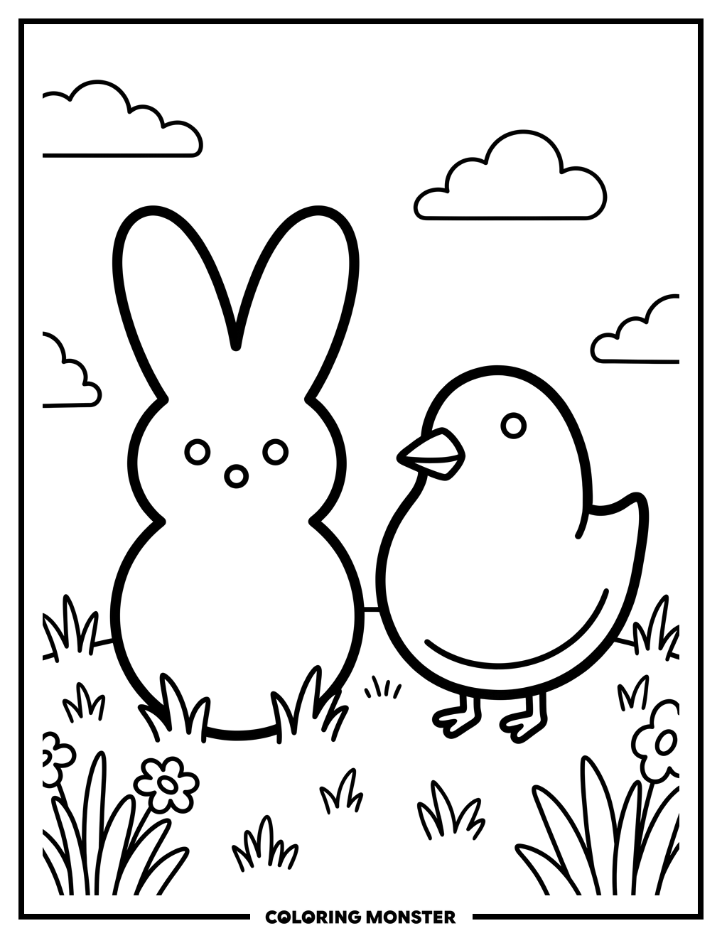 Peeps Bunny and Chick in Field Coloring Page
