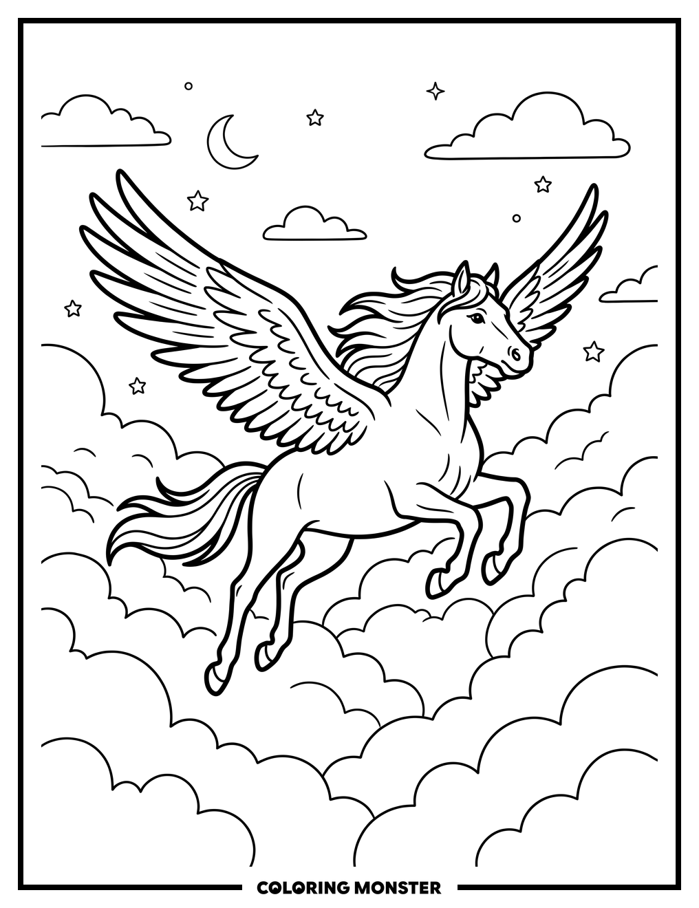 Pegasus Soaring Through Clouds Coloring Page