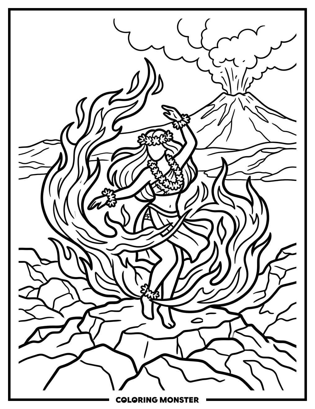 Pele Dancing With Volcano Coloring Page