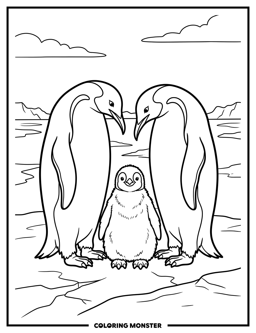 Penguin Family On Ice Coloring Page