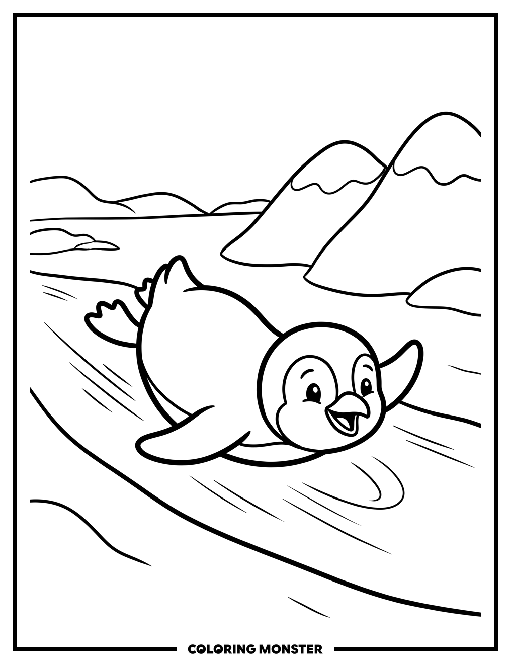 Penguin Sliding on Ice Coloring Page