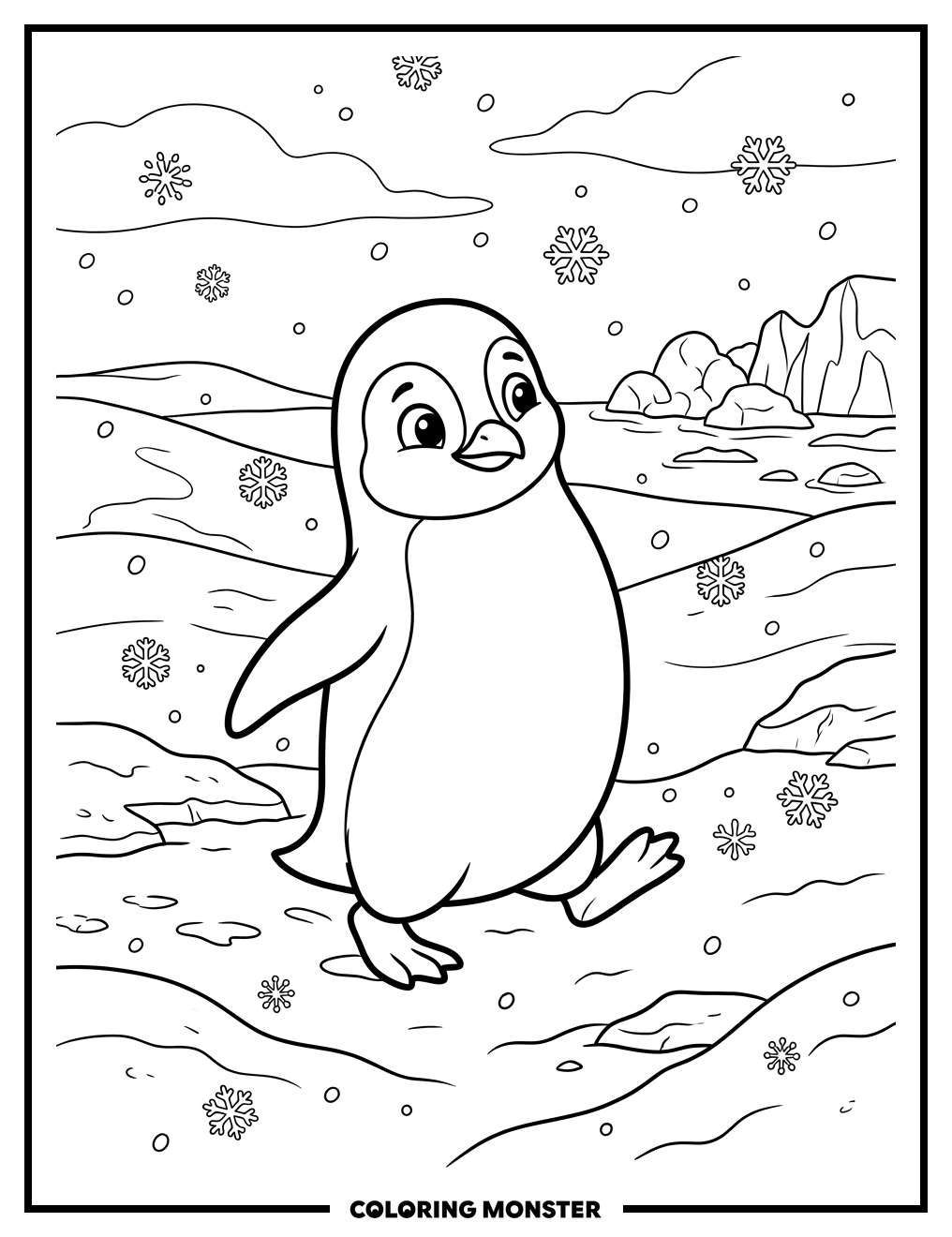 Penguin Waddling Through Snowfall Coloring Page