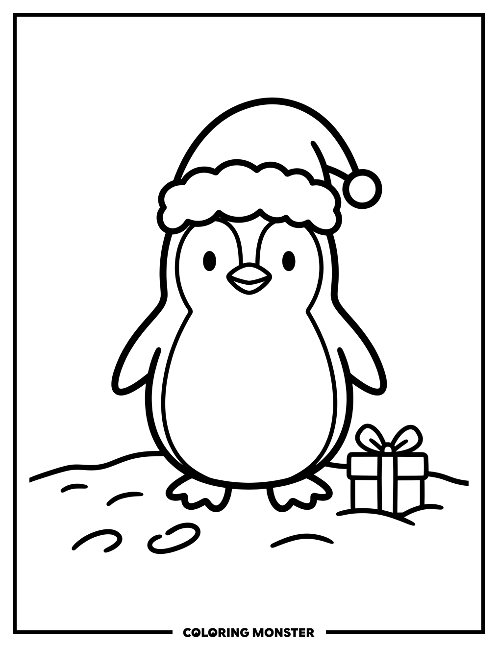 Penguin Wearing A Santa Hat With Gift Coloring Page