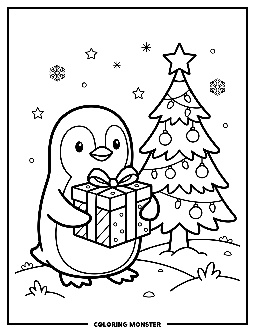Penguin With Christmas Gift Coloring Page