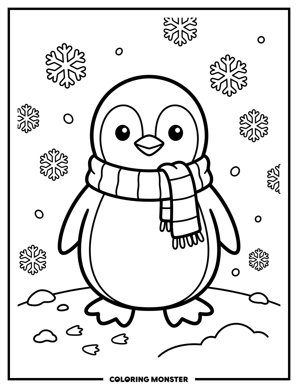 Penguin With Scarf in Snow Coloring Page