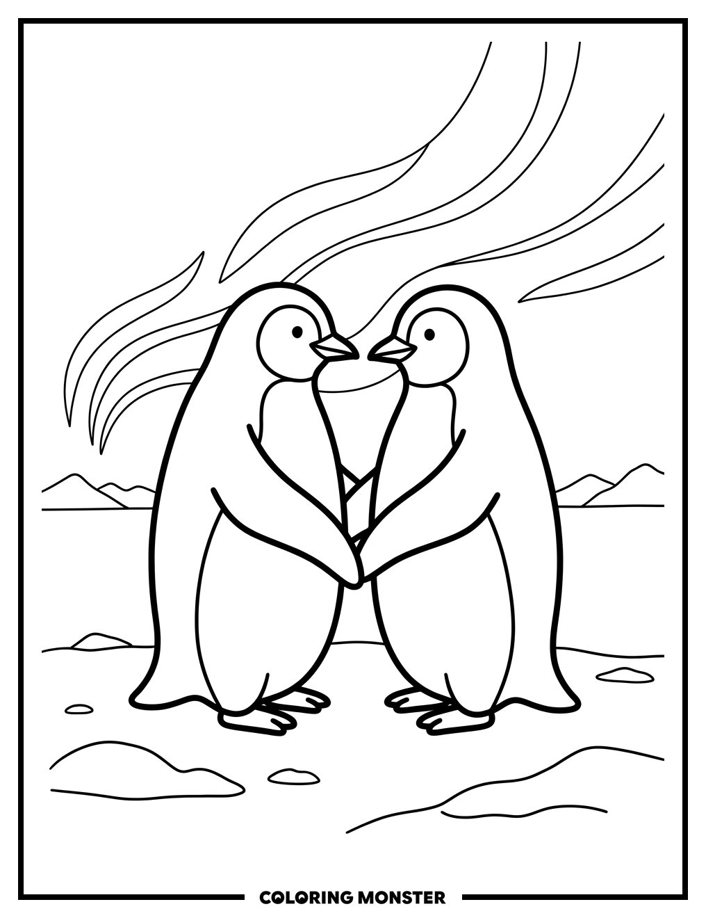 Penguins Embracing Under Aurora Borealis Coloring Page