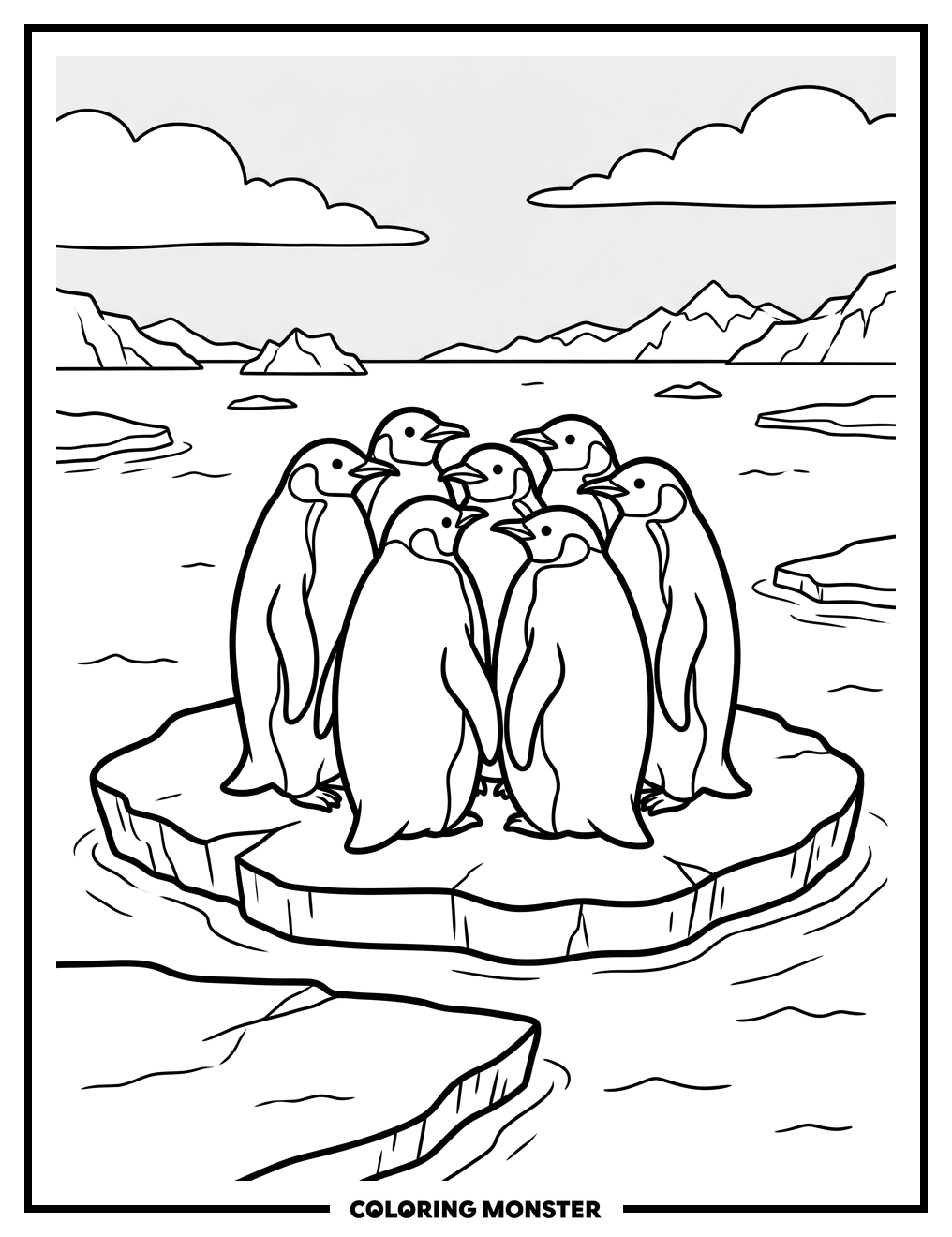 Penguins Huddled on Ice Floe Coloring Page
