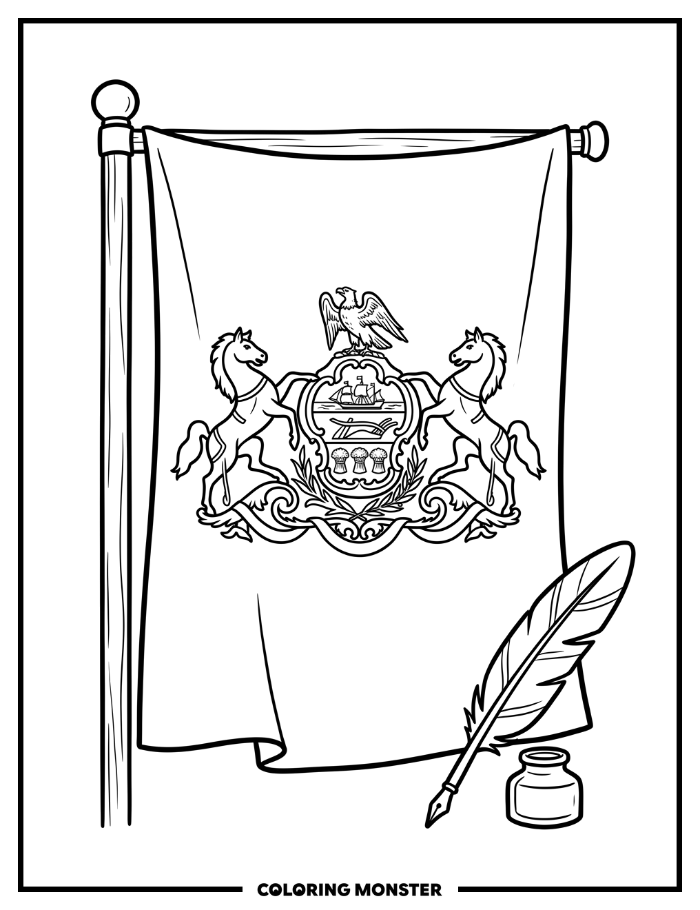 Pennsylvania State Flag and Quill Coloring Page