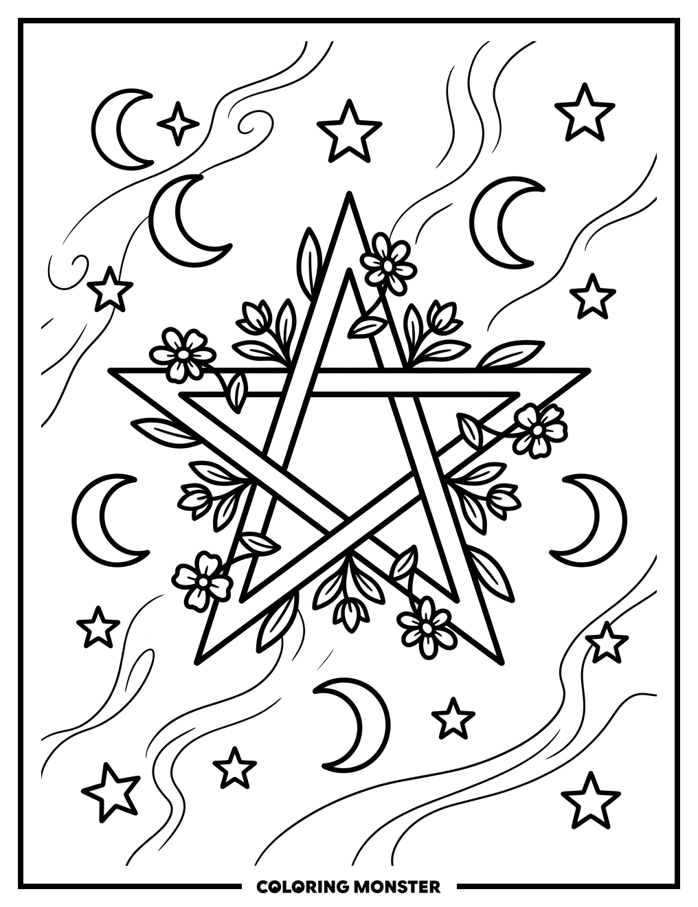 Pentacle With Moon And Stars Coloring Page