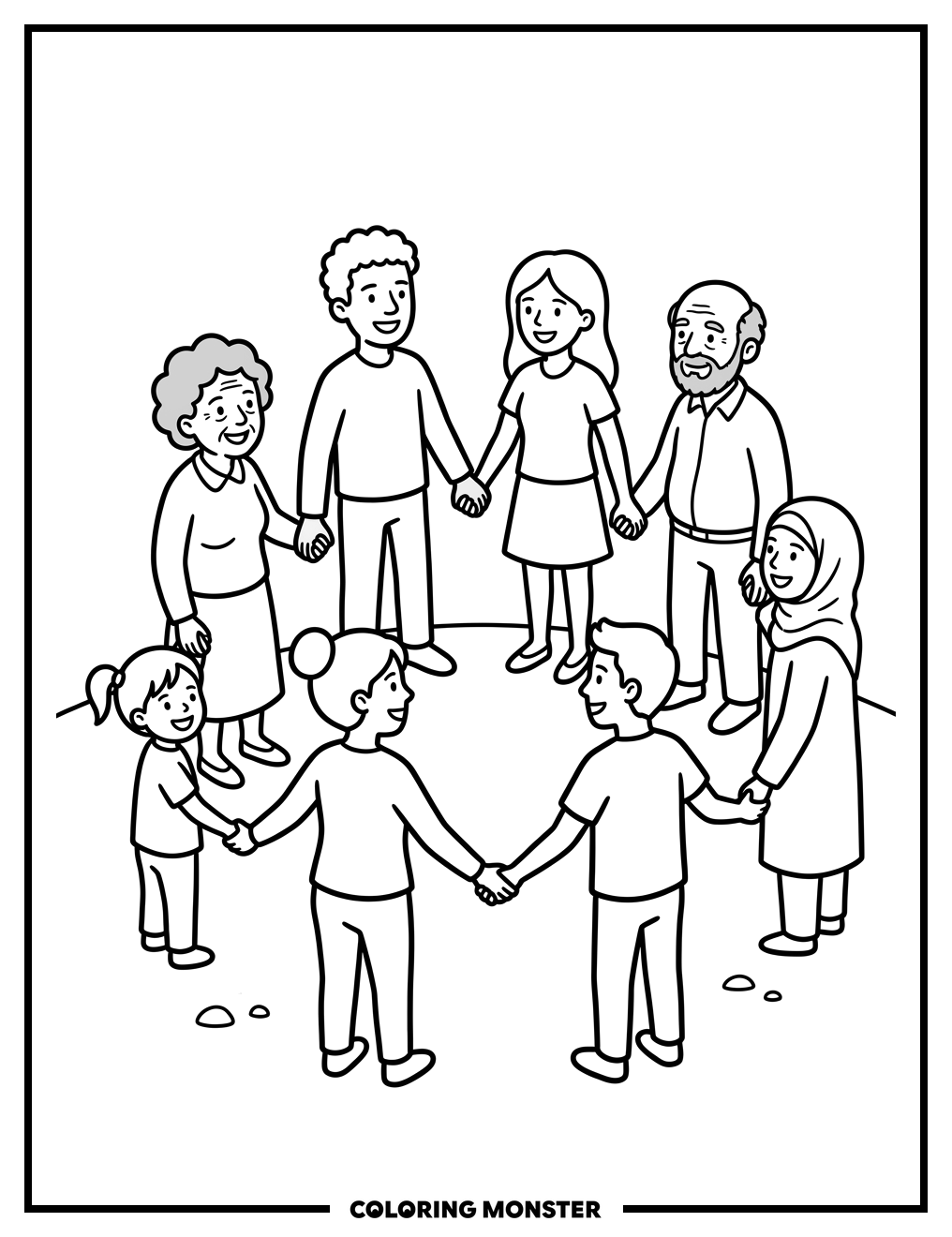 People Holding Hands in a Circle Coloring Page