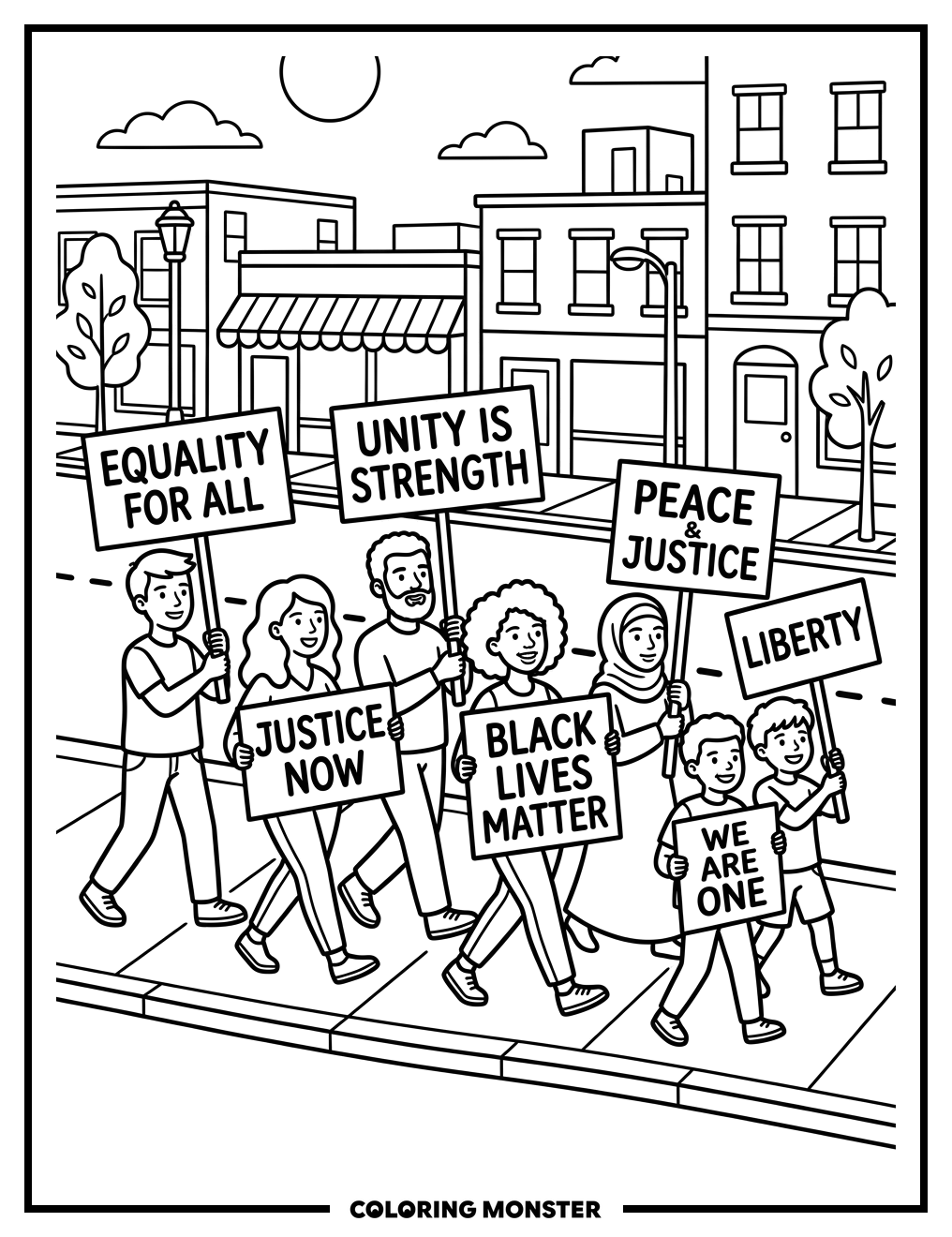 People Marching for Peace and Equality Coloring Page