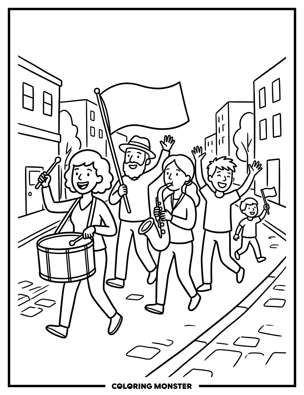 People Marching in City Parade Coloring Page