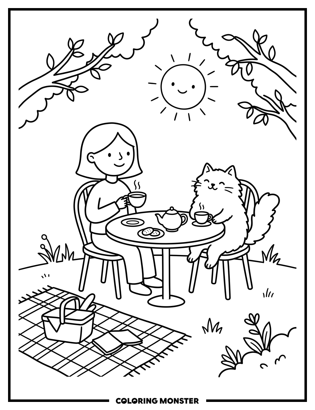 Person and Cat Enjoying Tea Outdoors Coloring Page