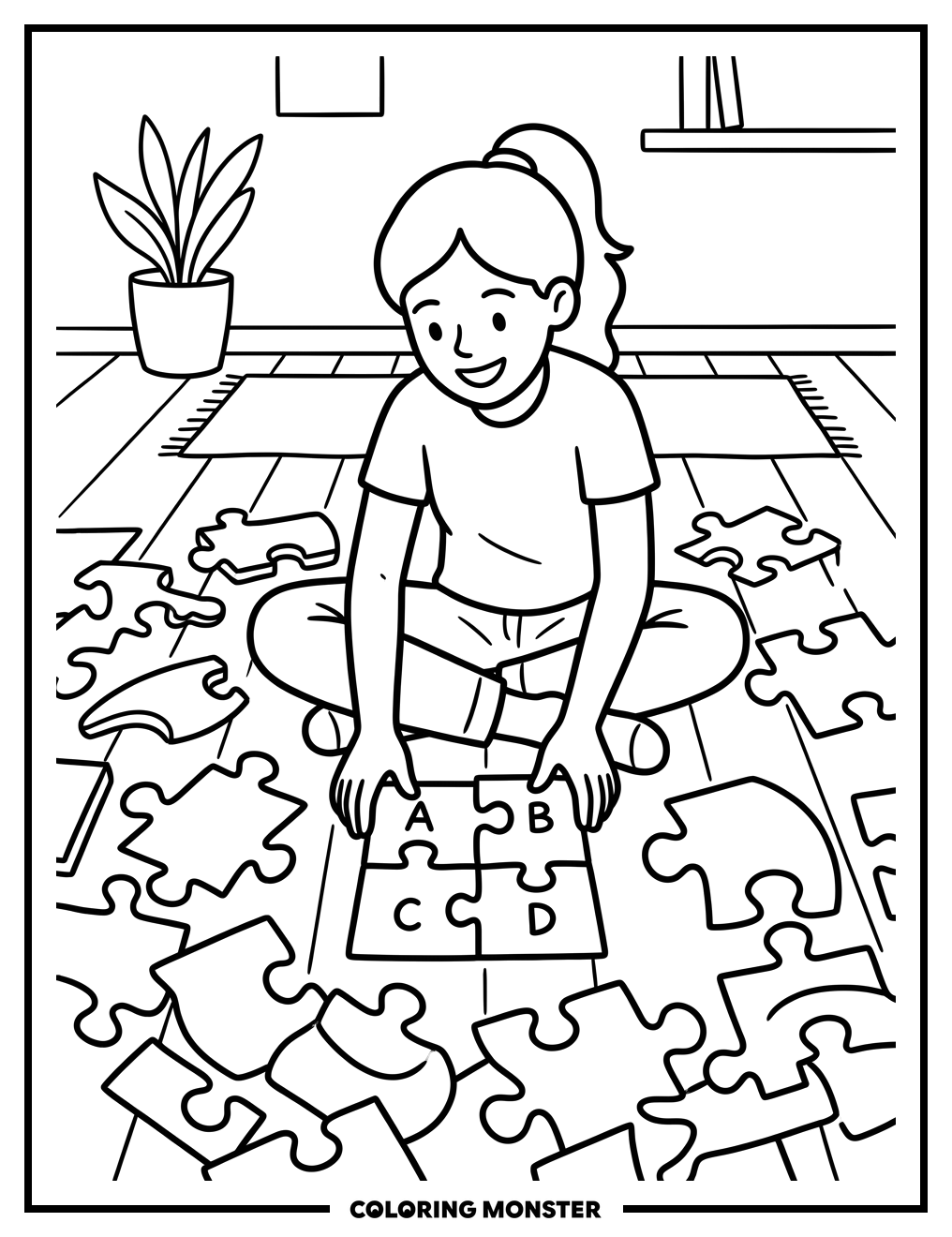 Person Assembling a Jigsaw Puzzle Coloring Page