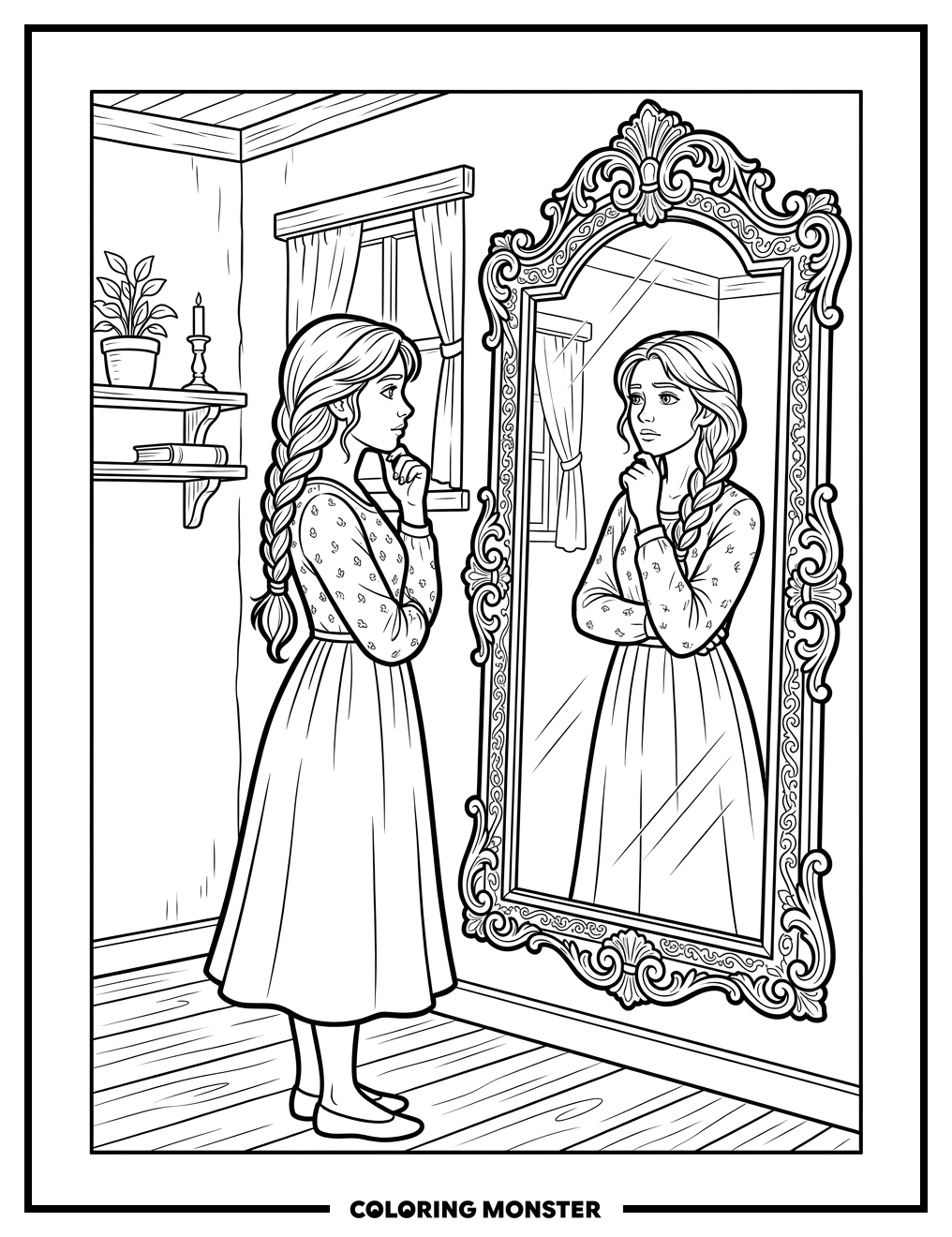 Person Contemplating Reflection in Ornate Mirror Coloring Page