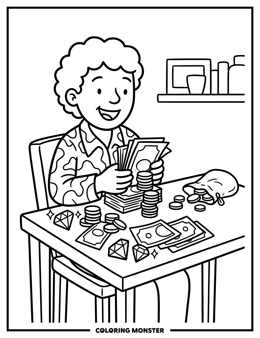 Person Counting Money and Jewels Coloring Page