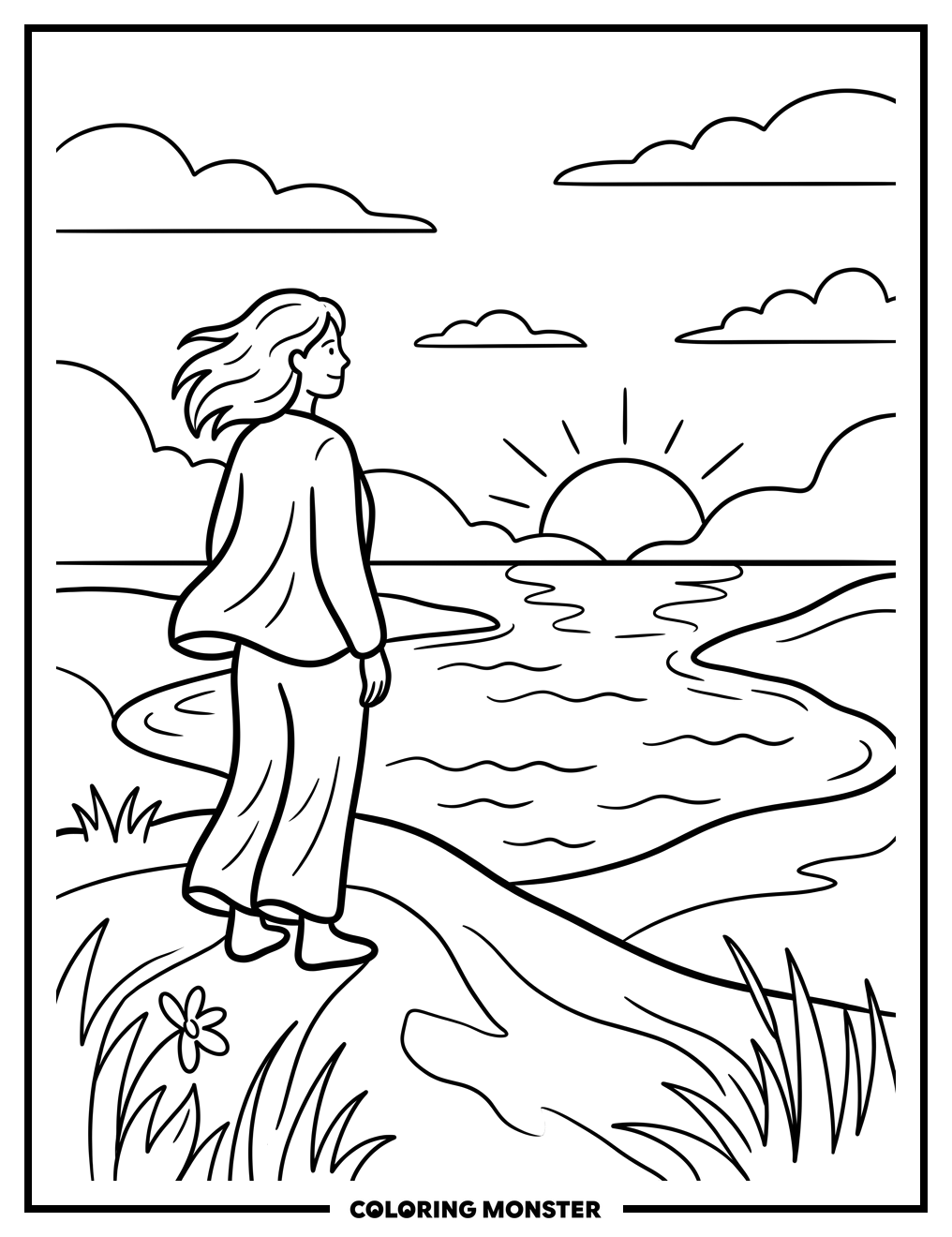 Person Gazing at Sunset Over Lake Coloring Page