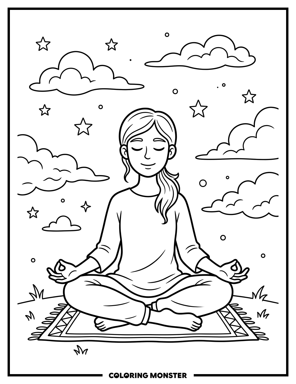 Person Meditating Among Clouds Coloring Page