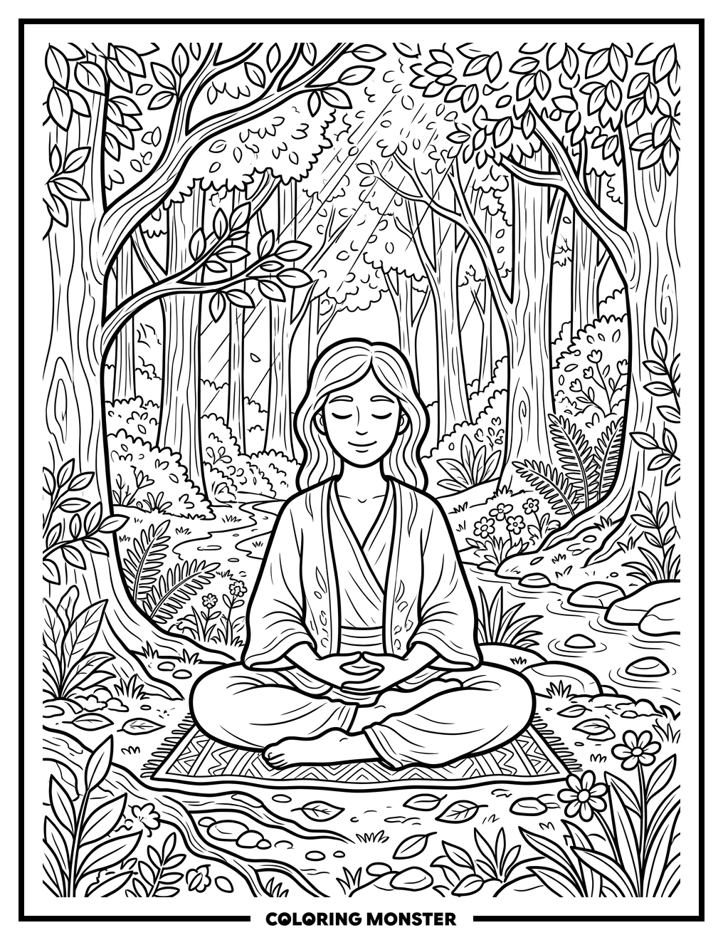 Person Meditating in Sunlight Coloring Page
