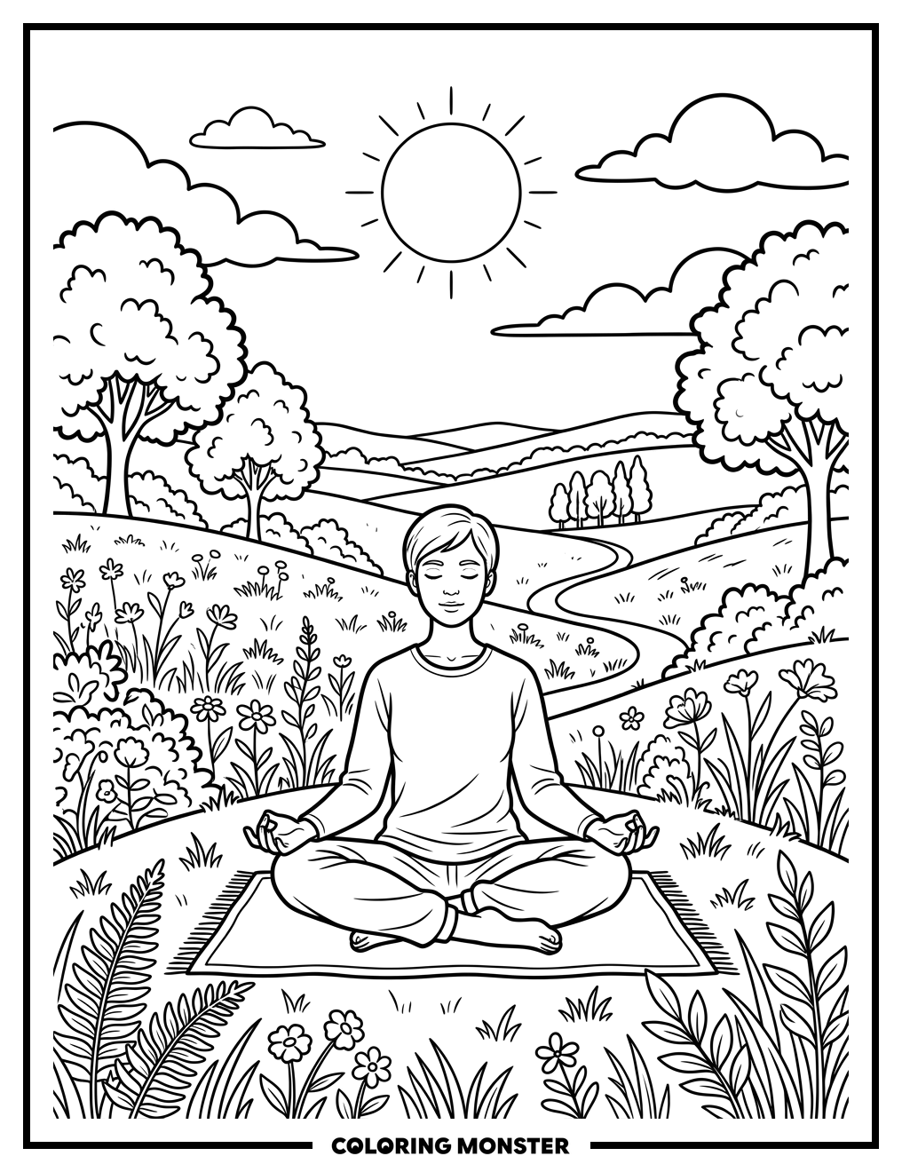 Person Meditating on Rolling Hills Coloring Page