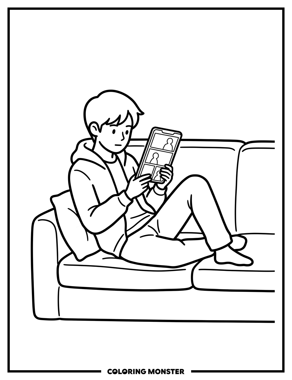 Person Reading a Webtoon on Couch Coloring Page