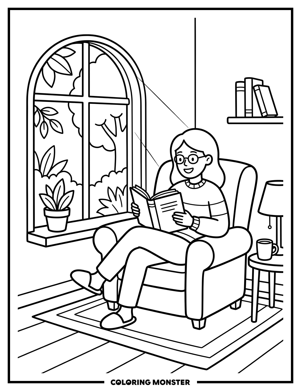 Person Reading in Armchair by Window Coloring Page